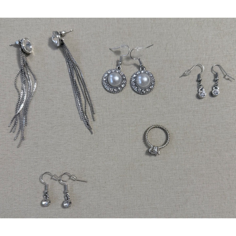 Rhinestone Jewelry Lot of 5 Silvertone Earrings Ring Dangle Bridal Sparkle Set